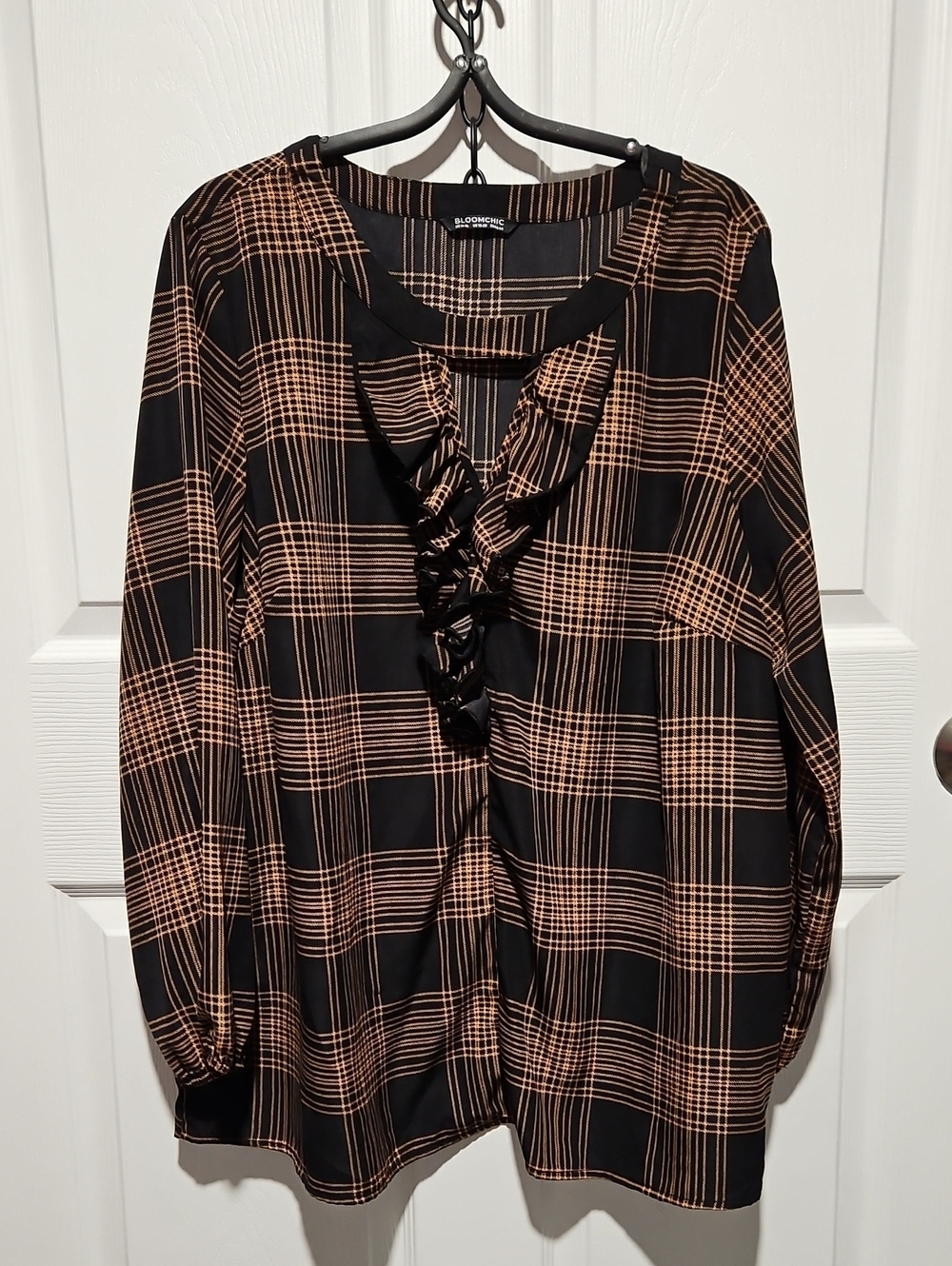 Bloomchic Black and Brown Plaid Ruffle-Front Long Sleeve Blouse